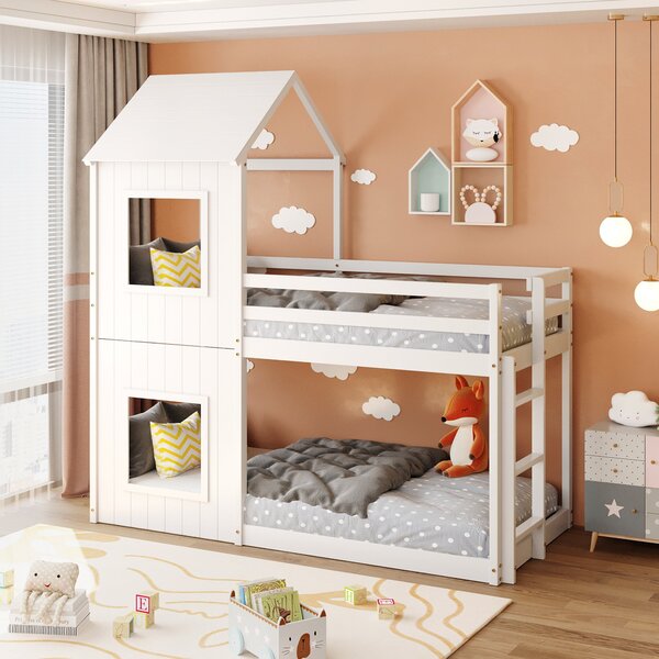 Treehouse Wood Loft Bunk Bed with Canopy and Ladder, Childrens Bed with Pinewood Mid-Sleeper, Kids Bedroom Furniture, 206x97.8x209cm, White Aosom.UK