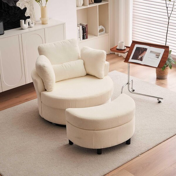 Chenille 360° Swivel Armchair Set with 3 Back Cushions and Crescent Ottoman Stool, Single Sofa for Living room, 107L x 105W x 82H cm, Ivory Aosom.UK