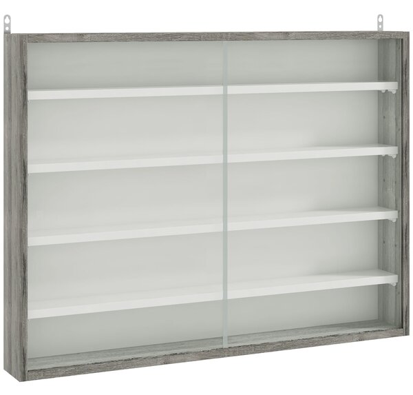 HOMCOM 5-Tier Wall Display Shelf Unit Cabinet w/ 4 Adjustable Shelves Glass Doors Home Office Ornaments 60x80cm Grey Wood Grain