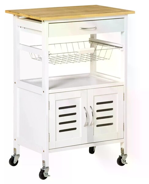 HOMCOM Rolling Kitchen Island Trolley Utility Cart on Wheels with Bamboo Table Top, Storage Cabinet, Drawer and Wire Basket - White
