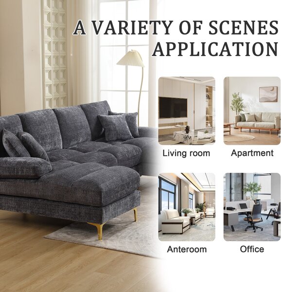 U-Shaped Modular Sofa with Pillows, Double Chaise, Rubber Pads, Chenille Fabric Sectional Couch for Living Room, 272L x 136W x 88H cm, Gray Aosom UK