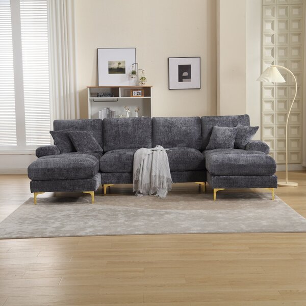 U-Shaped Modular Sofa with Pillows, Double Chaise, Rubber Pads, Chenille Fabric Sectional Couch for Living Room, 272L x 136W x 88H cm, Gray Aosom UK
