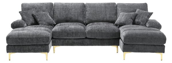 U-Shaped Modular Sofa with Pillows, Double Chaise, Rubber Pads, Chenille Fabric Sectional Couch for Living Room, 272L x 136W x 88H cm, Gray Aosom UK