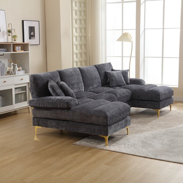 U-Shaped Modular Sofa with Pillows, Double Chaise, Rubber Pads, Chenille Fabric Sectional Couch for Living Room, 272L x 136W x 88H cm, Gray Aosom UK