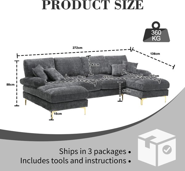 U-Shaped Modular Sofa with Pillows, Double Chaise, Rubber Pads, Chenille Fabric Sectional Couch for Living Room, 272L x 136W x 88H cm, Gray Aosom UK