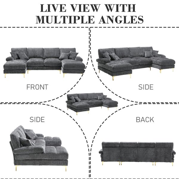 U-Shaped Modular Sofa with Pillows, Double Chaise, Rubber Pads, Chenille Fabric Sectional Couch for Living Room, 272L x 136W x 88H cm, Gray Aosom UK