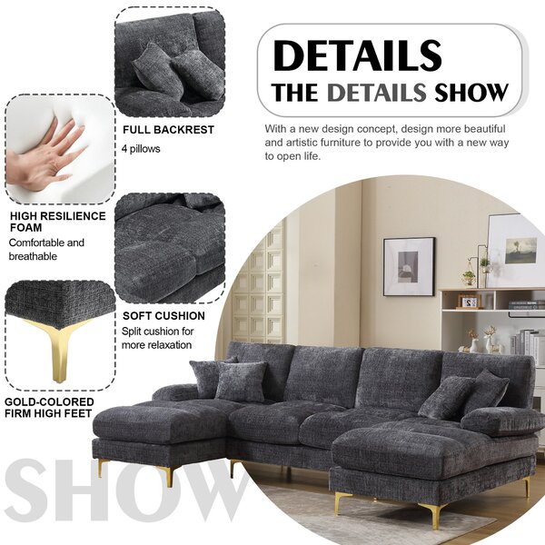 U-Shaped Modular Sofa with Pillows, Double Chaise, Rubber Pads, Chenille Fabric Sectional Couch for Living Room, 272L x 136W x 88H cm, Gray Aosom UK