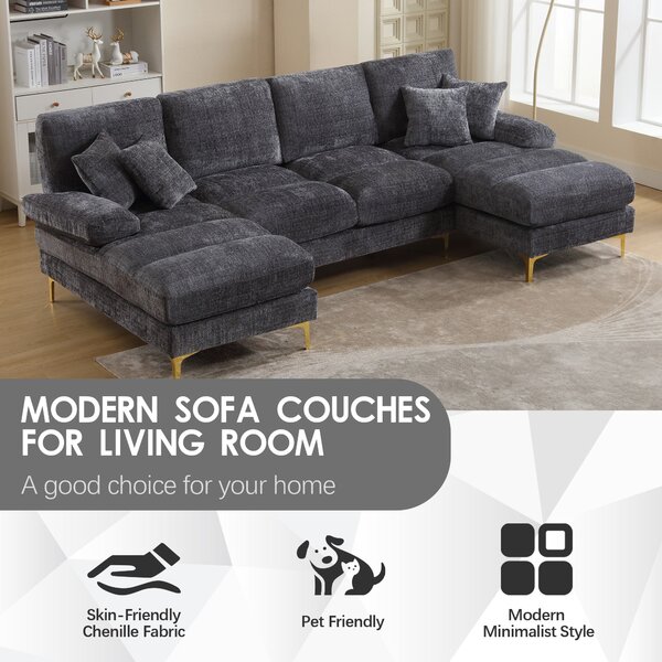 U-Shaped Modular Sofa with Pillows, Double Chaise, Rubber Pads, Chenille Fabric Sectional Couch for Living Room, 272L x 136W x 88H cm, Gray Aosom UK