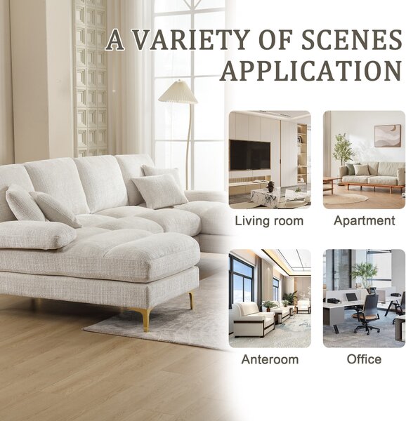 U-Shaped Modular Sofa with Cushions, Rubber Pads, Golden Legs, Chenille Fabric Sectional Couch for Relaxing, 272L x 136W x 88H cm, Beige Aosom UK