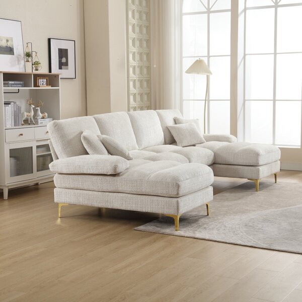 U-Shaped Modular Sofa with Cushions, Rubber Pads, Golden Legs, Chenille Fabric Sectional Couch for Relaxing, 272L x 136W x 88H cm, Beige Aosom UK