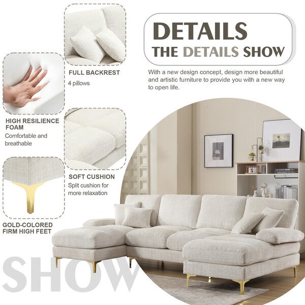 U-Shaped Modular Sofa with Cushions, Rubber Pads, Golden Legs, Chenille Fabric Sectional Couch for Relaxing, 272L x 136W x 88H cm, Beige Aosom UK