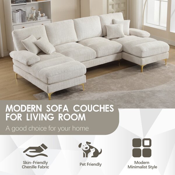 U-Shaped Modular Sofa with Cushions, Rubber Pads, Golden Legs, Chenille Fabric Sectional Couch for Relaxing, 272L x 136W x 88H cm, Beige Aosom UK