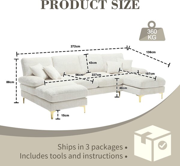 U-Shaped Modular Sofa with Cushions, Rubber Pads, Golden Legs, Chenille Fabric Sectional Couch for Relaxing, 272L x 136W x 88H cm, Beige Aosom UK