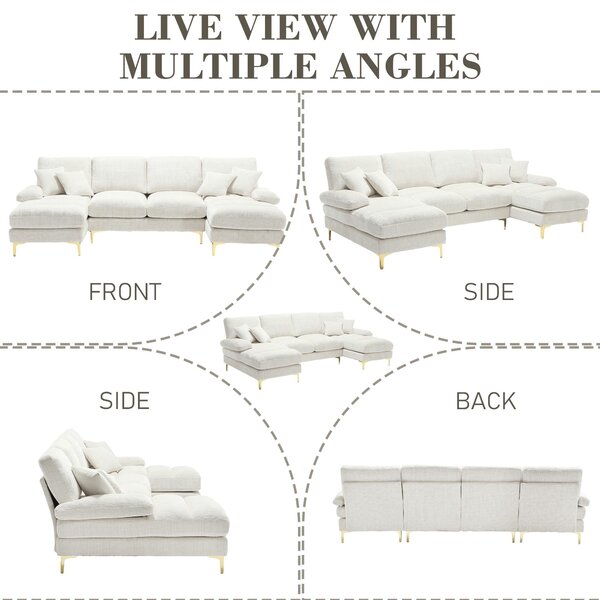 U-Shaped Modular Sofa with Cushions, Rubber Pads, Golden Legs, Chenille Fabric Sectional Couch for Relaxing, 272L x 136W x 88H cm, Beige Aosom UK