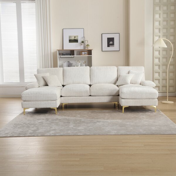 U-Shaped Modular Sofa with Cushions, Rubber Pads, Golden Legs, Chenille Fabric Sectional Couch for Relaxing, 272L x 136W x 88H cm, Beige Aosom UK
