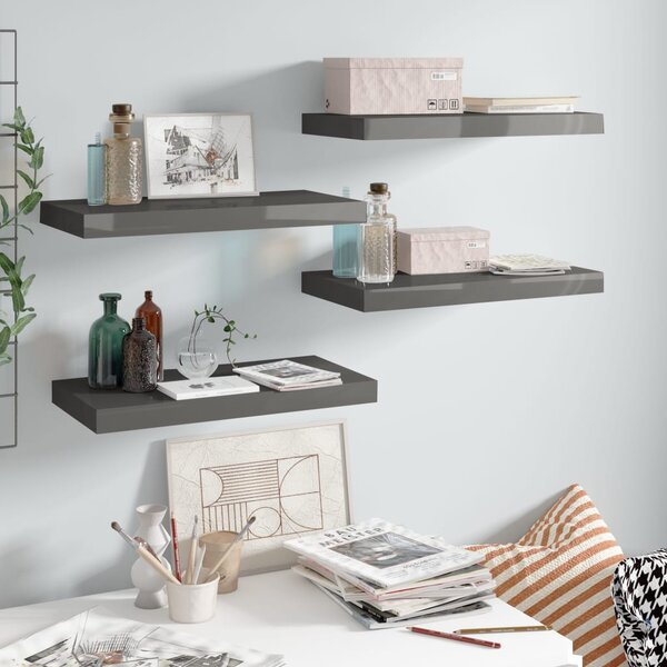 Floating Wall Shelves 4 pcs High Gloss Grey 50x23x3.8 cm MDF