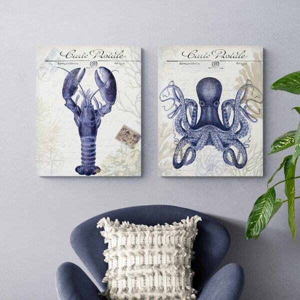 Set of 2 Seaside and Postcard Canvases Blue