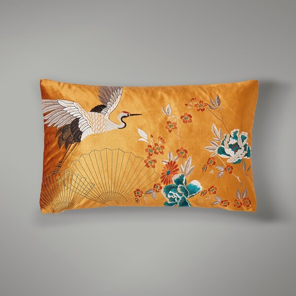 Embroidered Crane Cushion Cover Gold