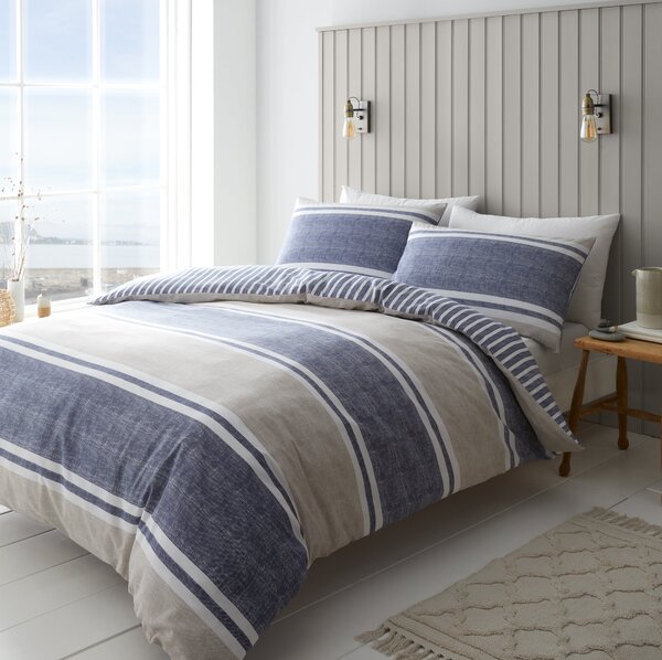 Textured Banded Stripe Reversible Blue Duvet Cover & Pillowcase Set Blue
