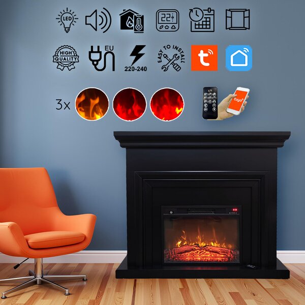 Free Standing Electric Fires ElectricSun SONIA Black Matte, with Sound Effect, 3 Colour, with APP, W120xH102cm