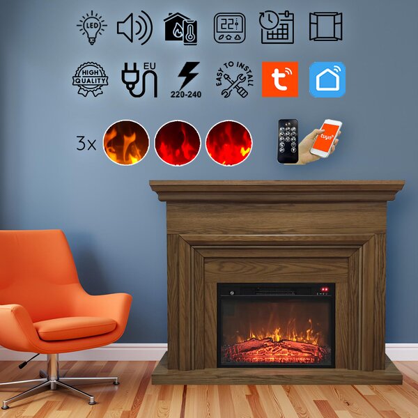 Free Standing Electric Fires ElectricSun SONIA Light oak, with Sound Effect, 3 Colour, with APP, W120xH102cm
