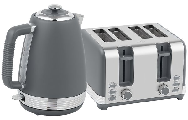 HOMCOM Stainless Steel Kettle and Toaster Set, 1.7L 3000W Rapid Boil Jug Kettle with UK Strix Thermostat, Limescale Filter, 4 Slice Toaster with 7 Browning Controls, Crumb Tray, Grey and Silver Tone
