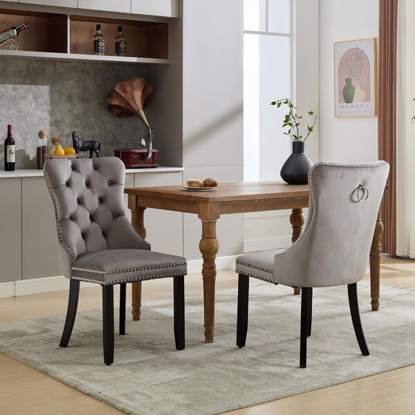 Velvet Dining Chairs Set of 6, Upholstered Dining Chairs with Button Tufted Backrest, Solid Wood Legs, Foot Pads, Suitable for Dining Room, 50L x 64W x 96H cm, Grey Aosom UK