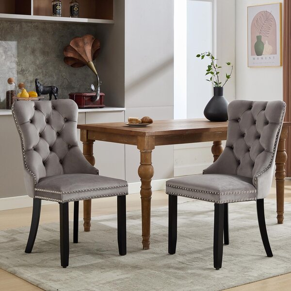 Set of 2 Velvet Dining Chairs with Knocker Ring, Button Tufted Backrest, Upholstered Chairs with Rubber Wood Legs, 50L x 64W x 96H cm, Grey Aosom.UK