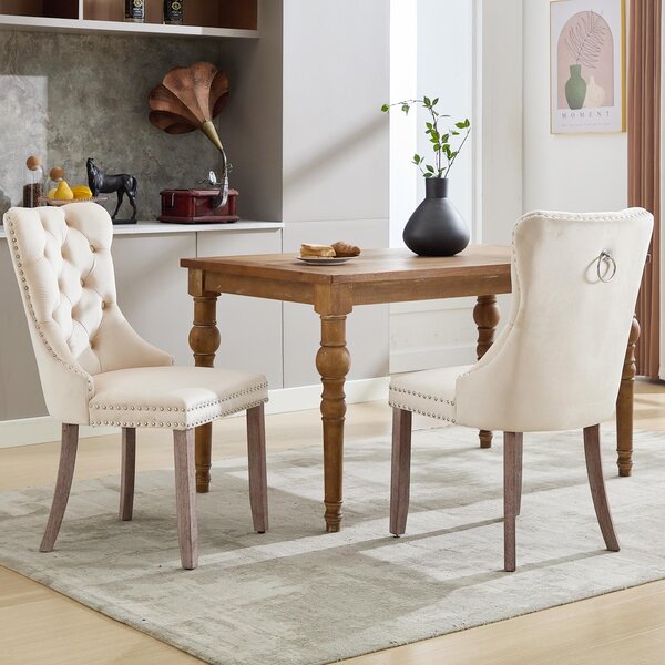 Set of 6 Velvet Upholstered Dining Chairs with Button Tufted Back, Brushed Wood Legs, Suitable for Dining Room, 50L x 64W x 96H cm, Beige Aosom.UK
