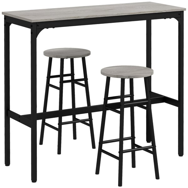 HOMCOM 3 Piece Bar Table Set with 2 Stools, Industrial Bar Table and Stool Set, Dining Table and Chair Set for Small Space, Grey