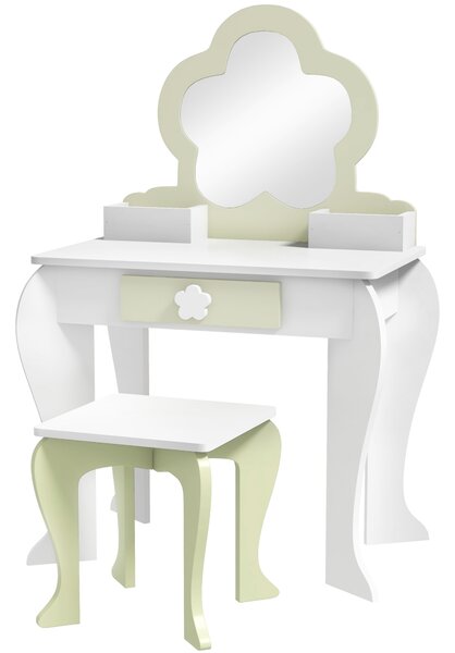 ZONEKIZ Kids Vanity Table with Mirror and Stool, Drawer, Storage Boxes, Beauty Flower Design, for 3-6 Years Old, White Aosom UK
