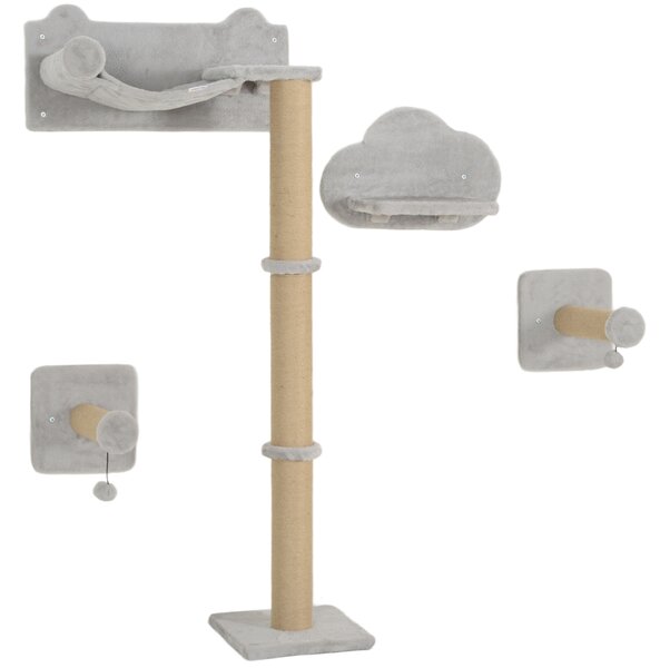 PawHut Cat Shelves w/ Scratching Post, Steps, Jumping Platform, Ladder, Toy Balls, 4 Piece for Indoor Cats, Light Grey Aosom UK
