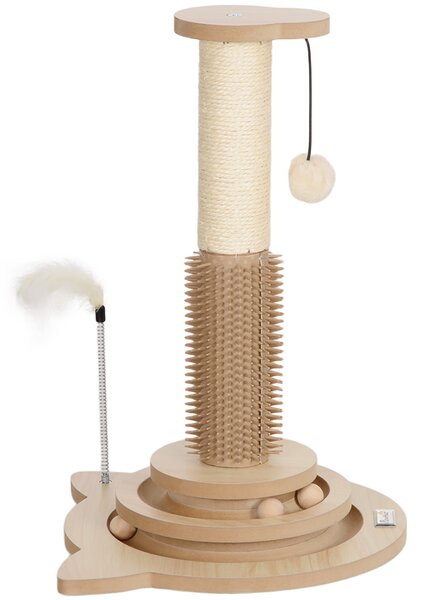 PawHut Scratching Post, 5 in 1 Cat Post with Sisal Post, Track Ball Toy, Self Grooming Brush, Hanging Toy Ball, Feather, Oak Aosom UK