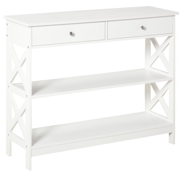 HOMCOM Console Table Side Desk w/ Shelves Drawers Open Top X Support Frame Living Room Hallway Home Office Furniture White Aosom UK