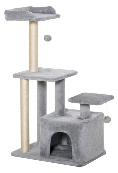 PawHut Feline Fun Tower: 114cm Tall Activity Centre with Scratching Posts, Perch, Dangling Ball & Condo, Light Grey Aosom UK