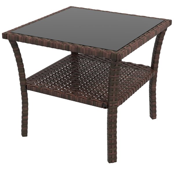 Outsunny 50cm Outdoor PE Rattan Coffee Table, Patio Wicker Two-tier Side Table with Glass Top, for Patio, Garden, Balcony, Brown Aosom UK