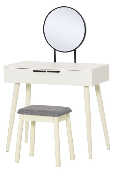 HOMCOM Dressing Table Set with Round Mirror Vanity Table Set w/ Makeup Desk, Cushioned Stool, 2 Drawers for Jewelry Storage, White Aosom UK