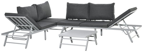 Outsunny 3 Pcs Garden Seating Set w/ Convertible Sofa Lounge Table Padded Cushions Outdoor Patio Furniture Couch Grey