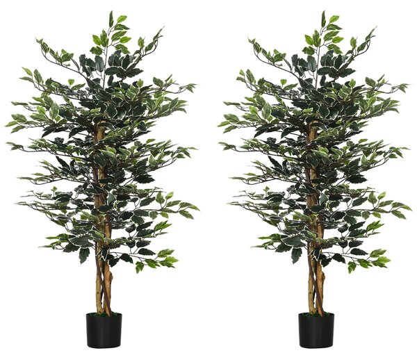HOMCOM Set of 2 Artificial Ficus Trees, 130cm Tall with Realistic Leaves & Natural Trunks, Indoor/Outdoor Decor, Green Aosom UK