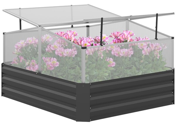 Outsunny Metal Raised Garden Beds with Greenhouse, Open Bottom, TOP Windows for Garden, 57.5/67.5x 126 x 107cm, Dark Grey Aosom UK