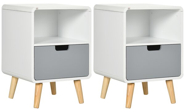 HOMCOM Bedside Table Set of 2, Wooden End Nightstand with Drawer, Scandinavian Nordic Style Lamp Desk Storage Unit for Bedroom, Wood Aosom UK