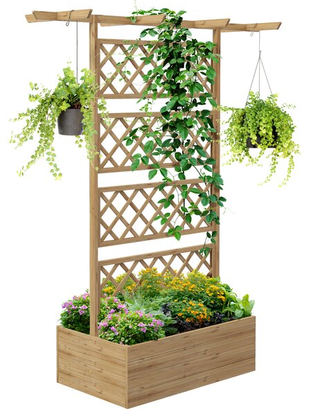 Outsunny Planter Box with Wooden Decorative Trellis Raised Bed for Climbing Plants, Garden and Patio Use, Natural Tone Aosom UK