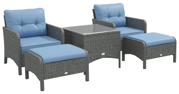 Outsunny 5 Pieces PE Rattan Garden Furniture Set, Wicker Outdoor Sofa Set w/ 2 Armchairs 2 Stools Glass Top Table Cushions, Blue