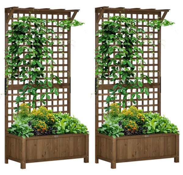 Outsunny 2 Pcs Raised Bed with Drainage Holes, Wood Planter with Trellis for Climbing Plants to Grow Vegetables, Flowers, Brown Aosom UK