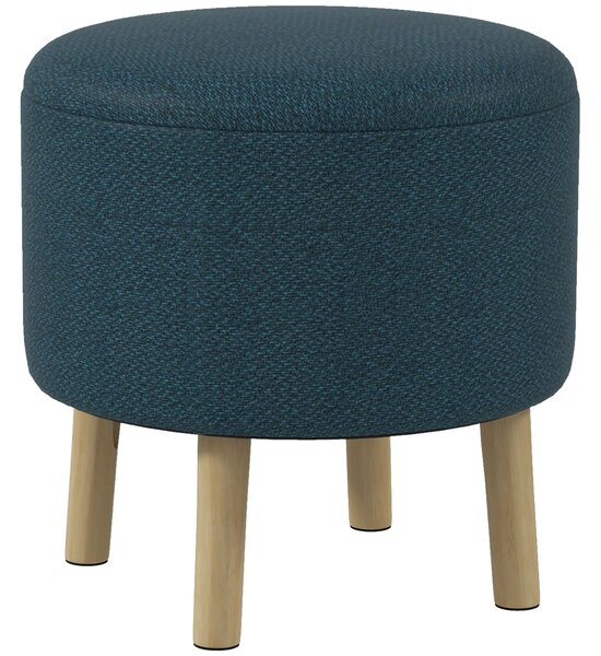HOMCOM Round Ottoman, Linen Fabric Upholstered Footstool with Storage, Padded Seat & Wooden Legs, Blue
