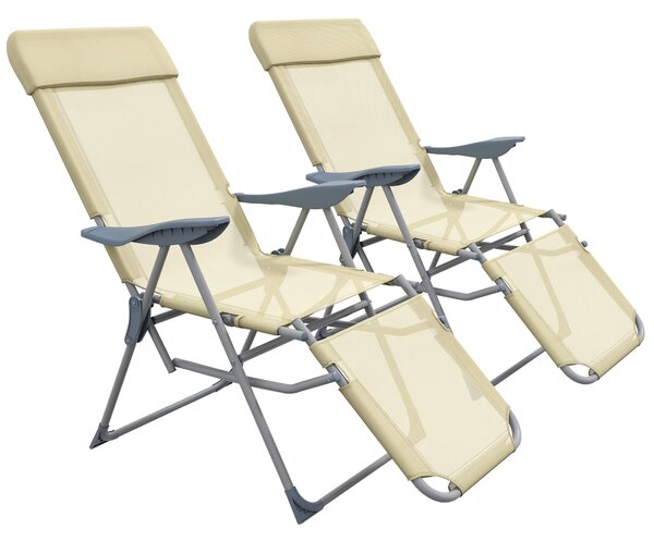 Outsunny Outdoor Sun Lounger Set of 2, Reclining Garden Chairs w/ Adjustable Footrest, 2 pcs Recliner w/ Adjustable Backrest, Headrest Aosom UK