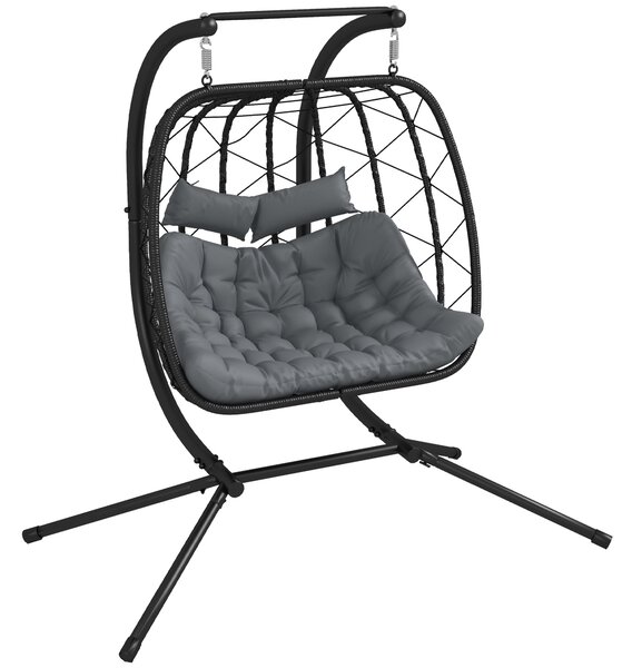 Outsunny Outdoor PE Rattan Double-seater Swing Chair w/ Thick Padded Cushion, Patio Hanging Chair for 2 w/ Metal Stand, Headrest, Black