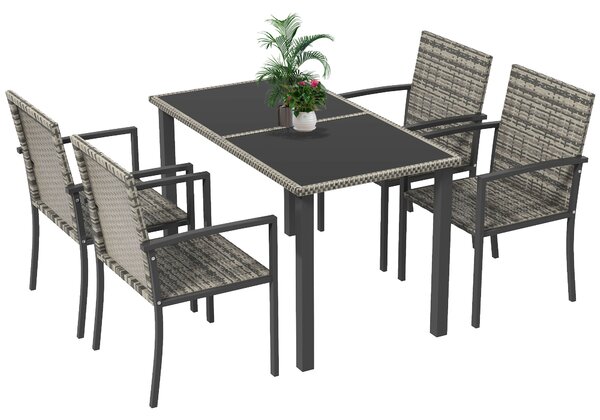 Outsunny Outdoor Dining Set 5 Pieces Patio Conservatory with Tempered Glass Tabletop,4 Dining Chairs - Mixed Grey
