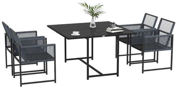 Outsunny 5 Pieces Garden Dining Set, Patio Dining Set, 4 Seater Outdoor Table and Chairs w/ Foldable Backrest, Tempered Glass Top, Handwoven