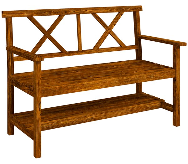 Outsunny Outdoor Bench, 2-Seater with Storage Shelf, Backrest, Armrests, Slat Seat, Wooden, Carbonized Aosom UK